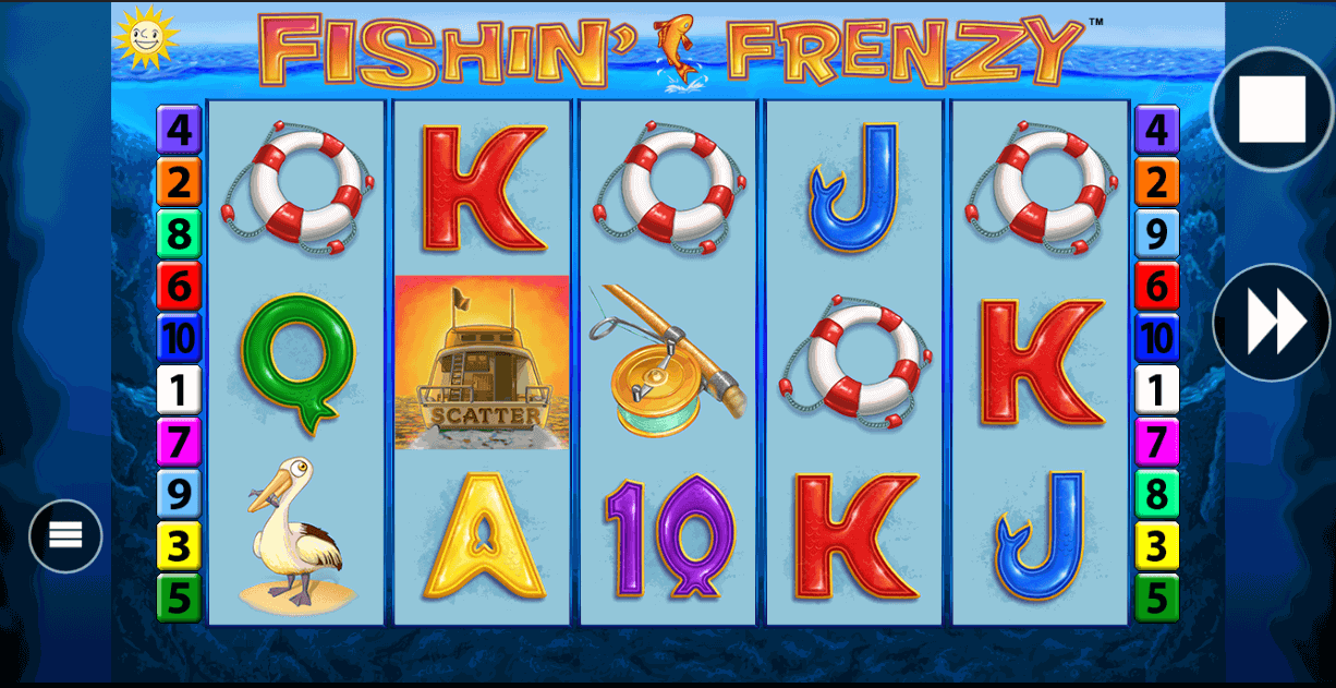 Underwater free games scene from Fishin' Frenzy showing the fisherman wild surrounded by glowing fish symbols each carrying a cash value